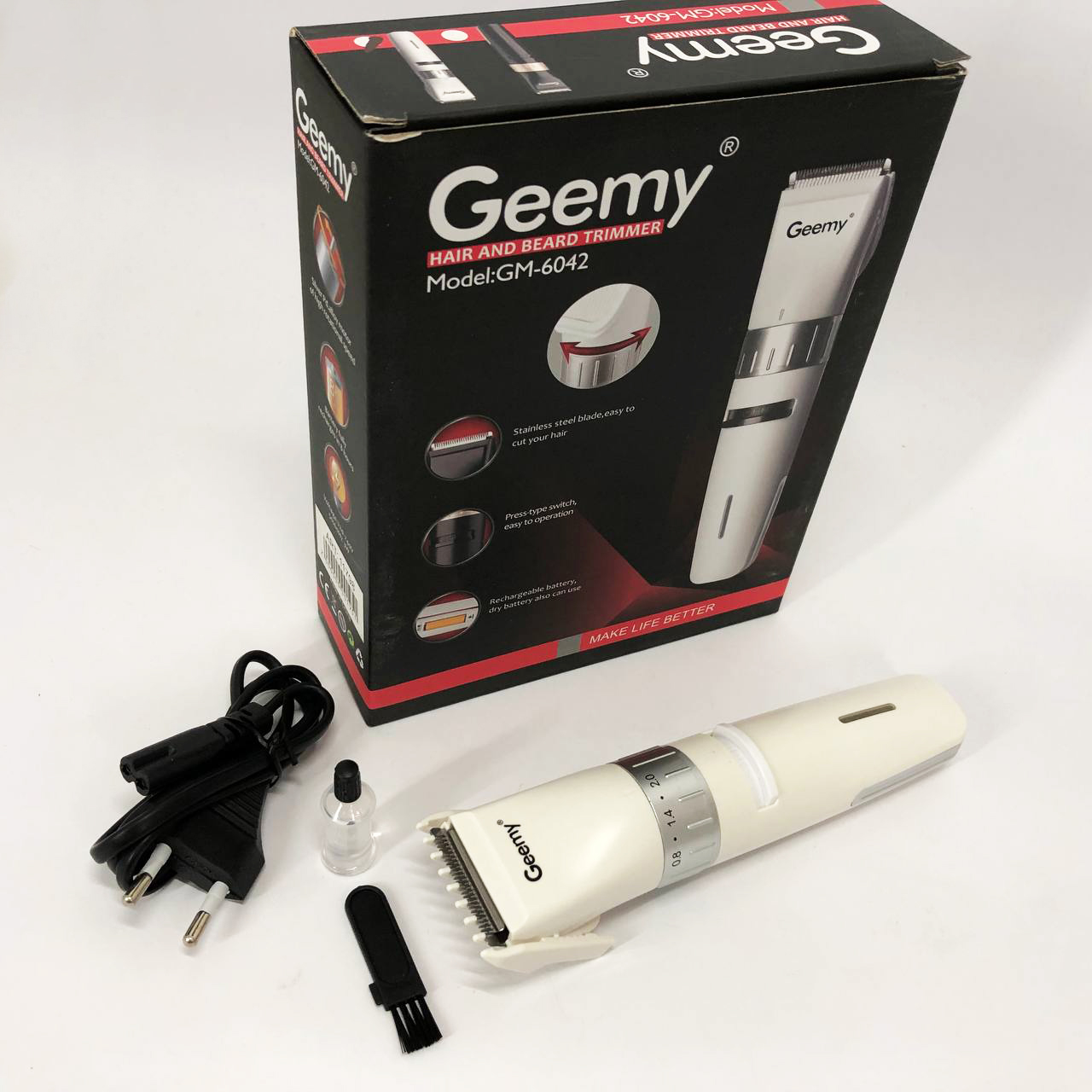 Акумуляторна машинка для стрижки волосся Gemei GM-6042, підстригальна машинка, колір білий