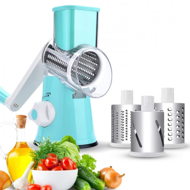Овочерізка мультислайсер Tabletop Drum Grater Kitchen Master терка для овочів та фруктів, 3 насадки, колір блакитний