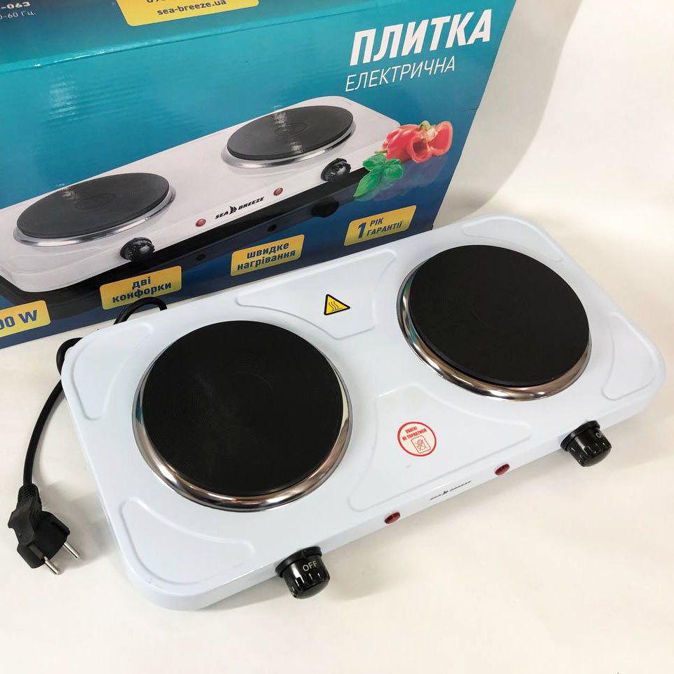 Настільна електрична плита Sea Breeze SB-063, подвійна електроплита, двокомфорочна, біла