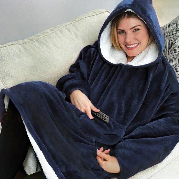 Толстовка‑плед з капюшоном і рукавами Huggle Hoodie оверсайз синій