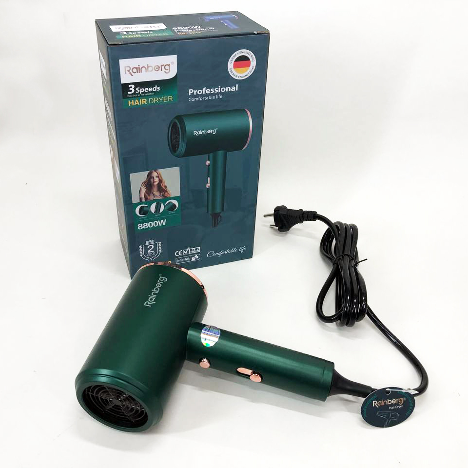 Фен Rainberg RB-2212 8800 Вт з регуляцією температури та швидкості для сушіння та укладання волосся Green