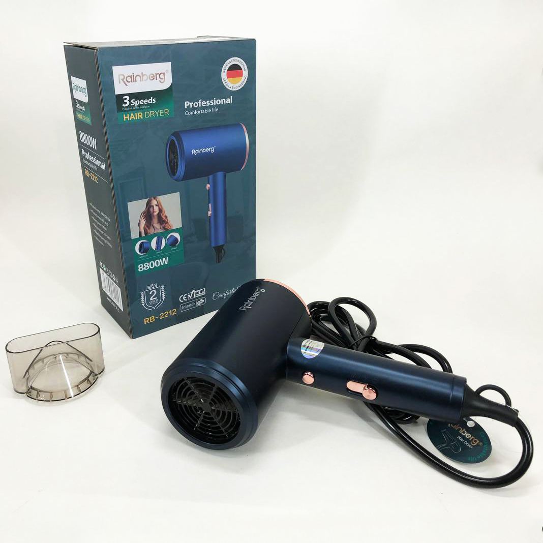 Фен Rainberg RB-2212 8800 Вт з регуляцією температури та швидкості для сушіння та укладання волосся синій