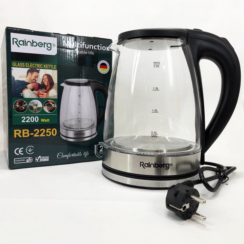 Електричний скляний чайник Rainberg RB-2250 з LED підсвічуванням 2200 Вт 1,8 л, хороший електрочайник