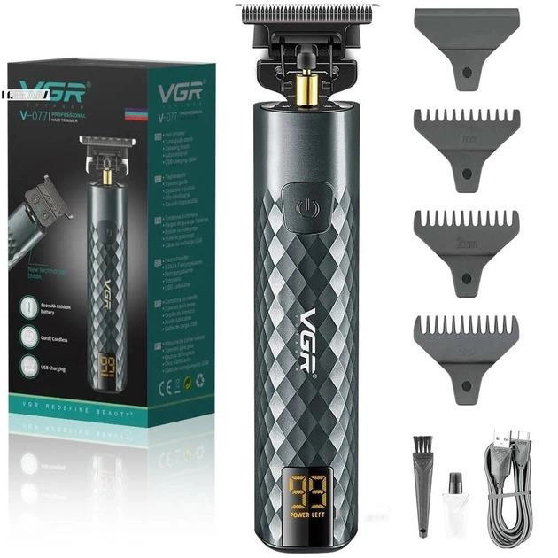 Тример для стрижки волосся, вусів, бороди VGR V-077 з USB‑зарядкою, металевий корпус, бездротовий
