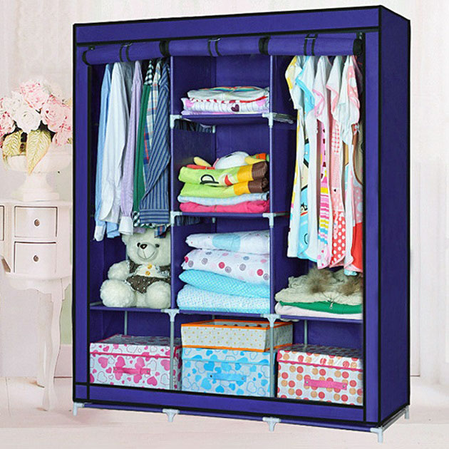 Шафа тканинна 3 секції складана з каркасом STORAGE WARDROBE, 175 × 130 × 45 см, каркасна, колір: синій