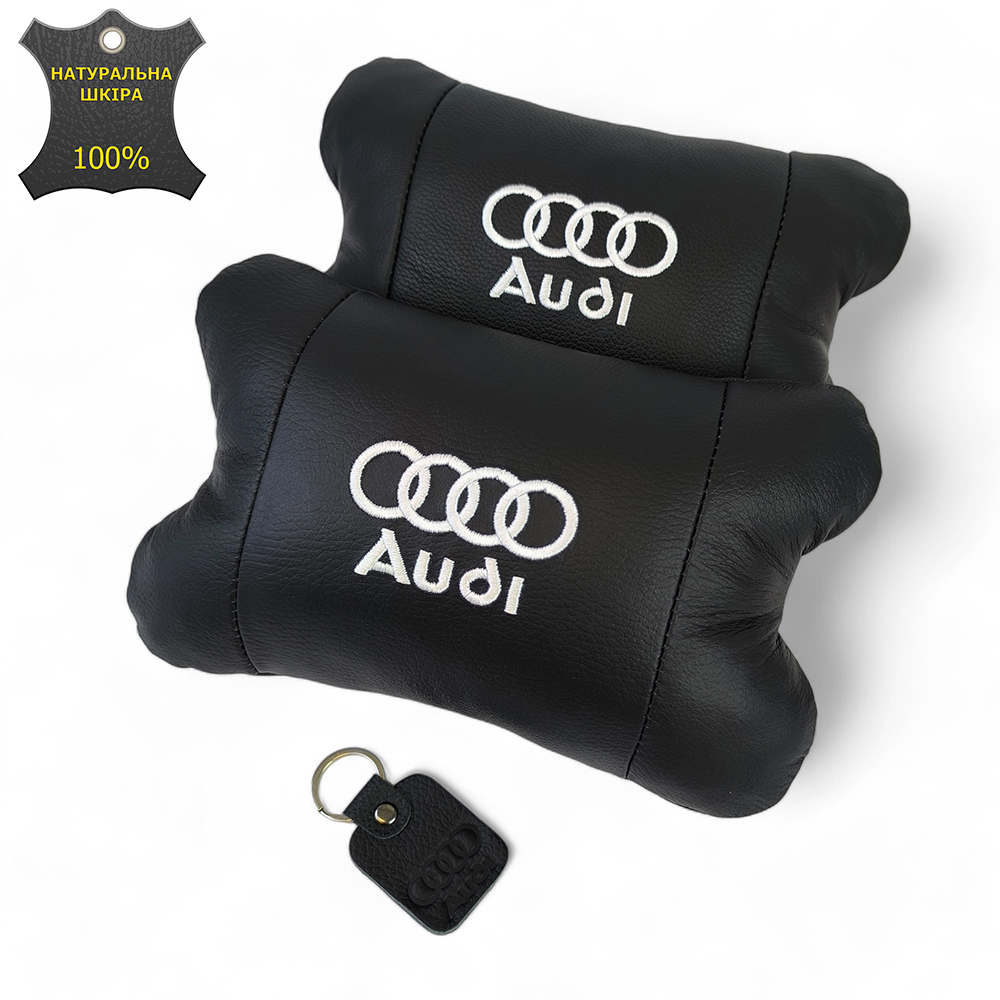 Набір автодушки 2 шт. на підголовник Audi / Ауді з натуральної шкіри, чорний / Підголовник в машину