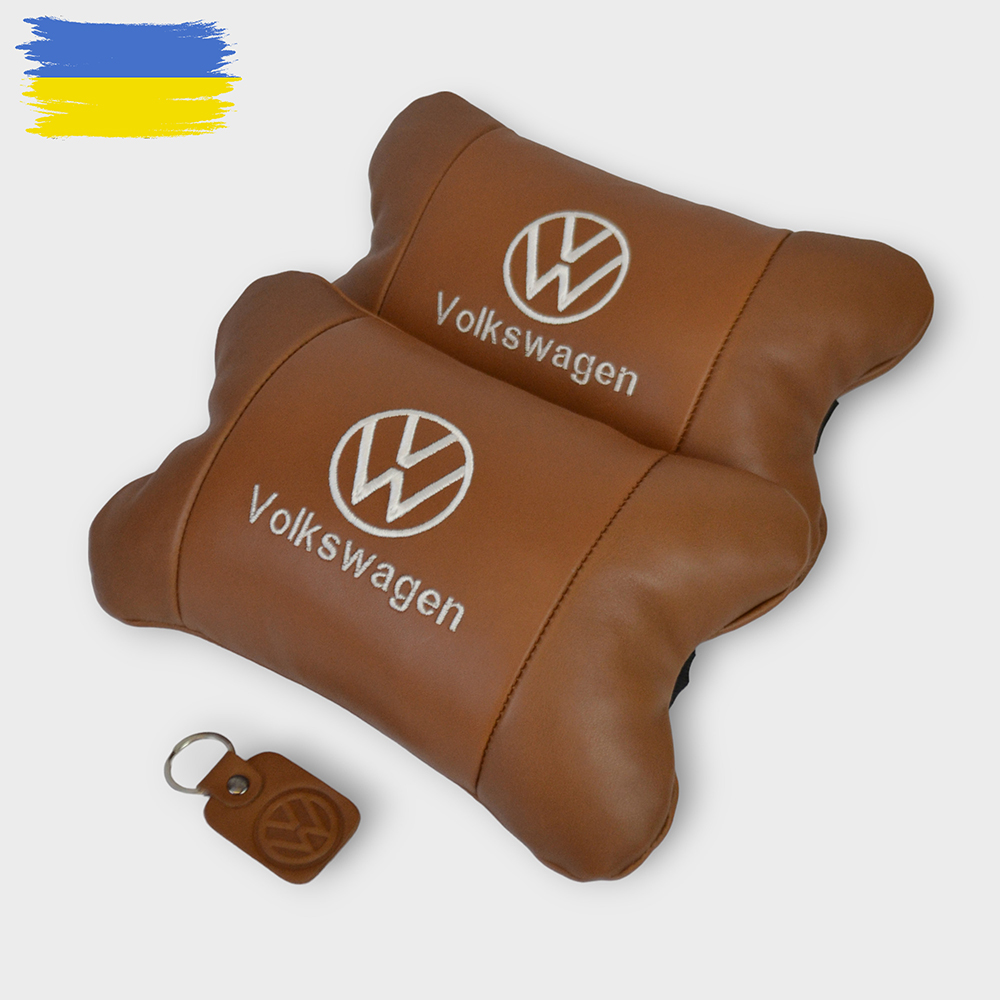 Набір подушок 2 шт для автомобіля Volkswagen, з натуральної коричневої шкіри. Подушки на підголовник