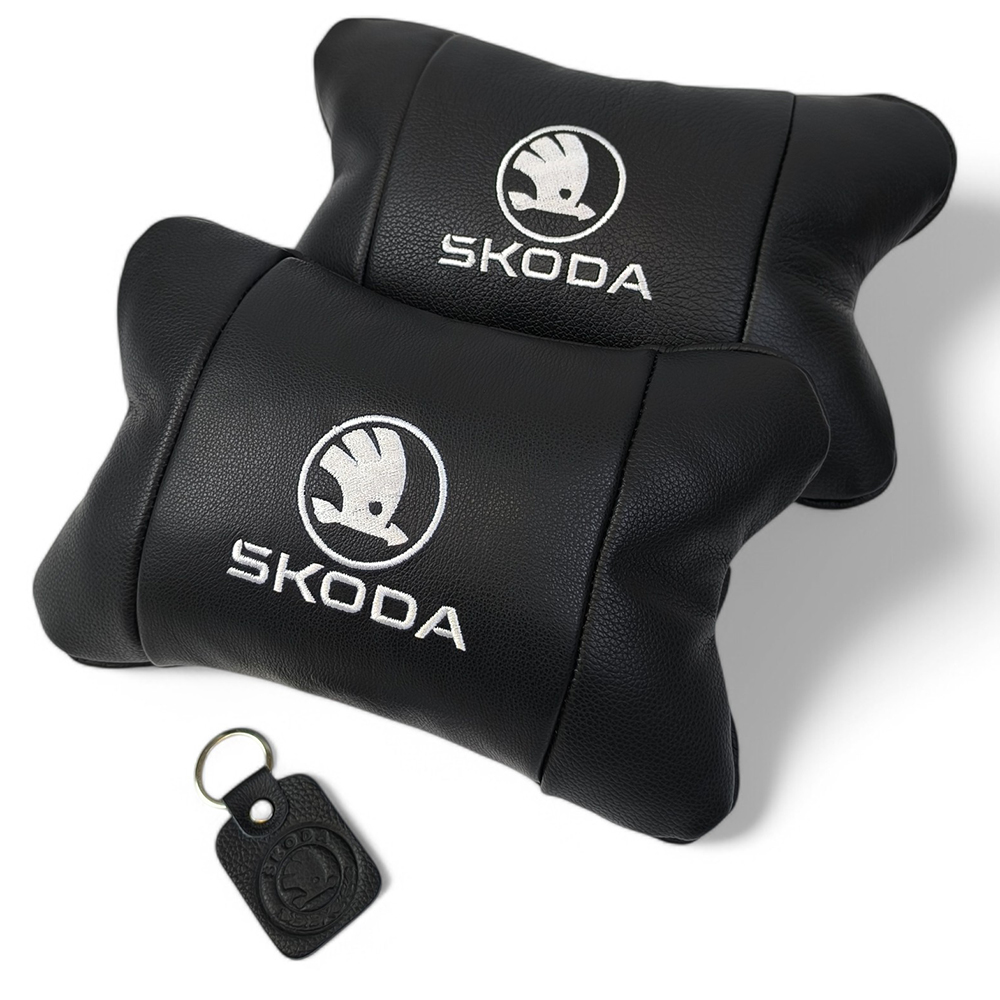 Автомобільні подушки 2 шт. на підголівник Skoda, з натуральної шкіри, стильний аксесуар для вашого авто
