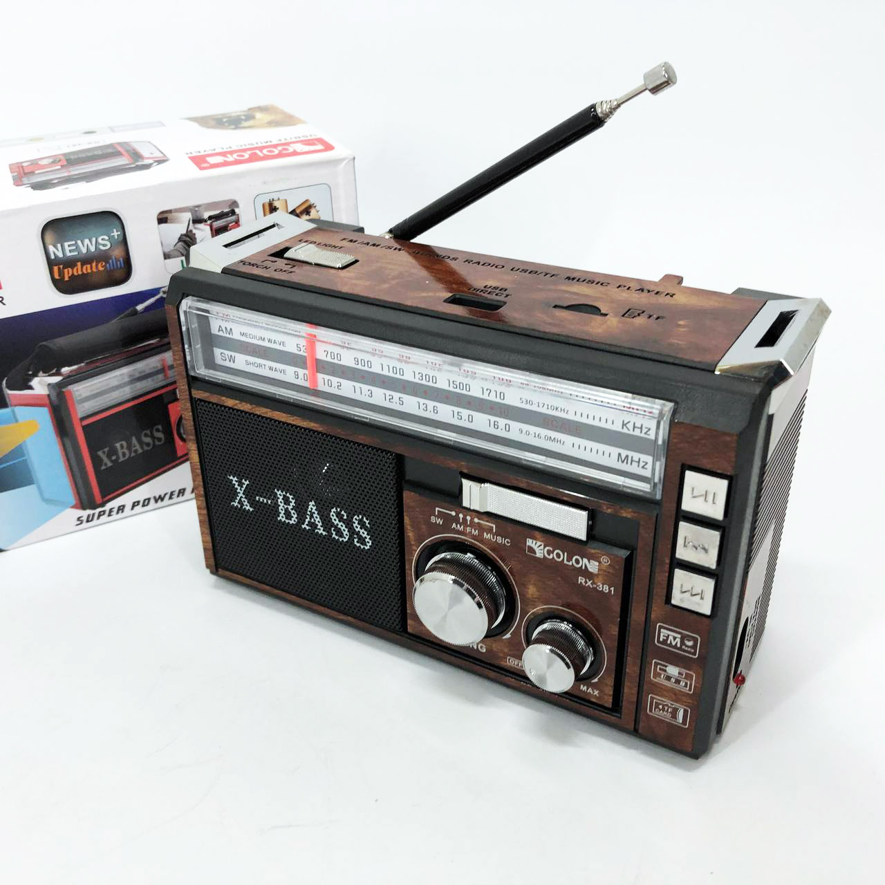 Портативний радіоприймач Golon RX-381 акумуляторний ретро стовпчик USB SD MP3 FM, колір: коричневий
