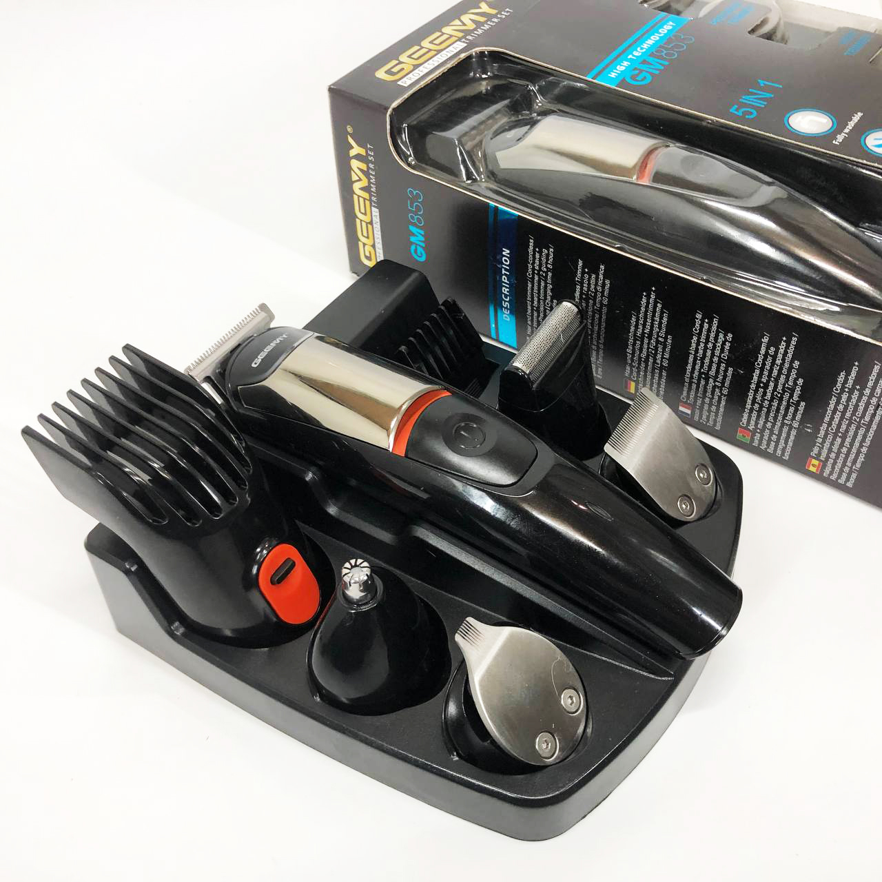 Машинка для стрижки 5в1 Geemy GM-853 стайлер, бритва, триммер на акумуляторі, нержавіюча сталь, 6 насадок
