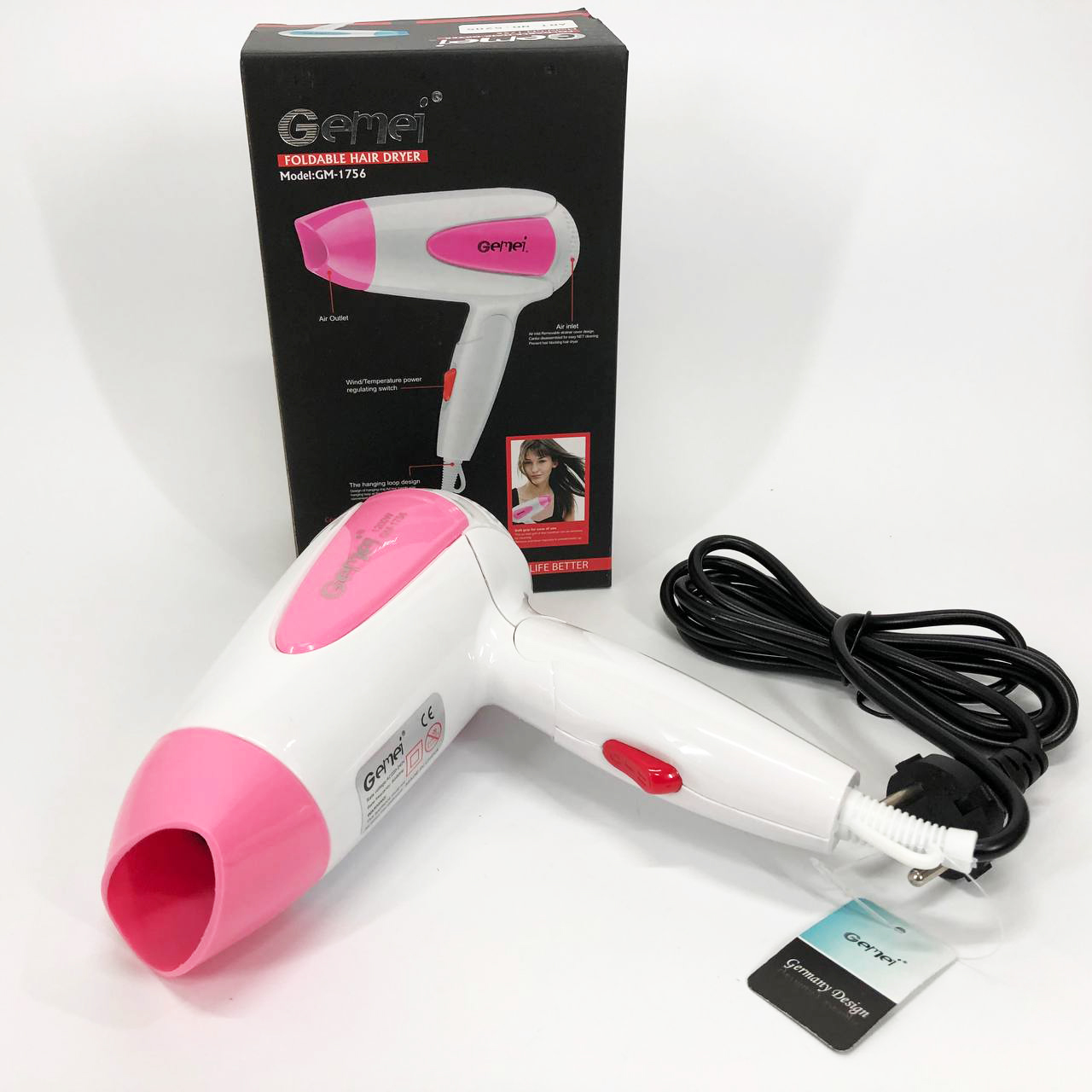Фен для волосся складний дорожній Gemei GM-1756 1200 Вт, домашній фен для укладання. Колір: рожевий