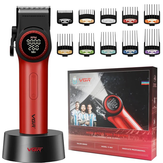 Професійна машинка для стрижки волосся VGR V-001 RED з дисплеєм 9000 об/хв та 10 насадками (1,5‑24 мм)