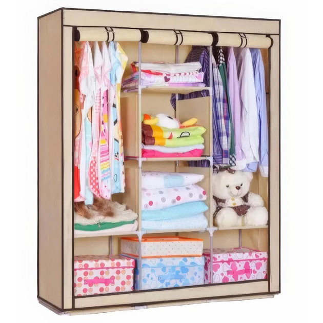 Шафа тканинна 3 секції складана з каркасом STORAGE WARDROBE 175 х 130 х 45 см. Колір: бежевий