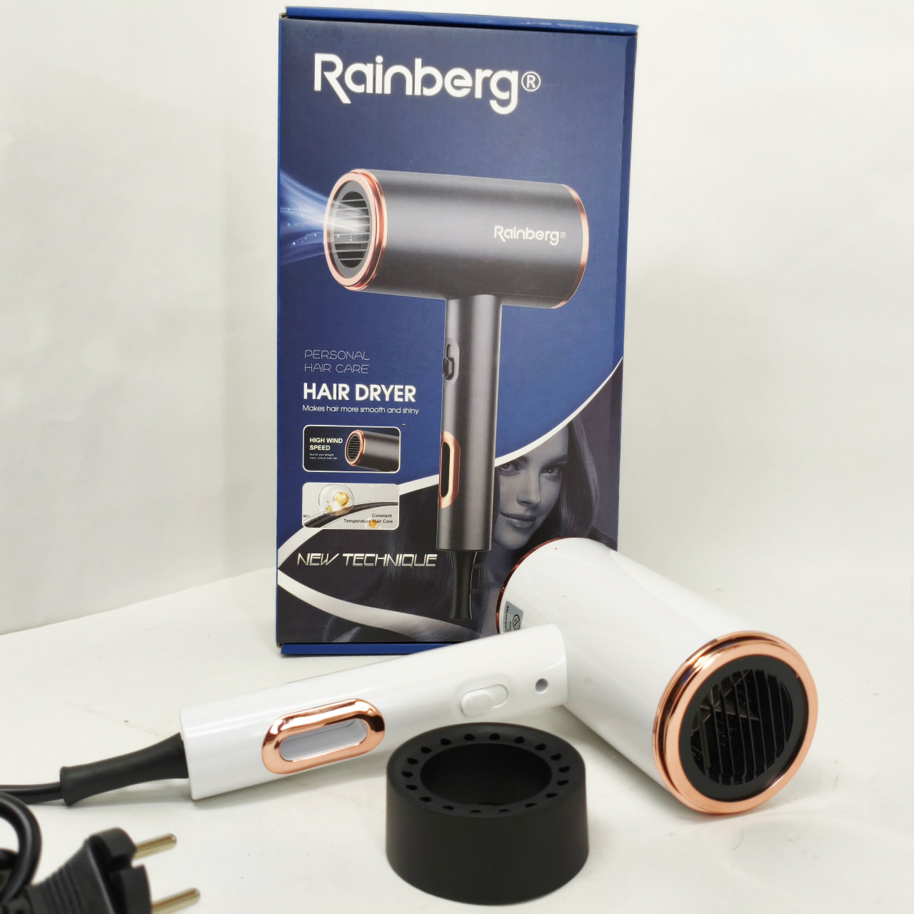 Фен‑стайлер Rainberg RB-2260 для волосся, 3 швидкості, 3 режими температури, іонізація, 1500 Вт, білий