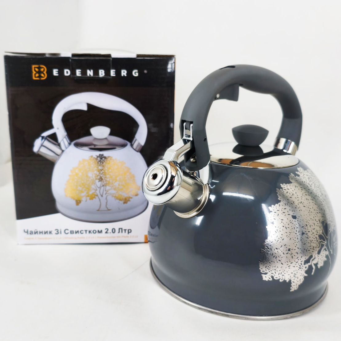 Чайник із свистком Edenberg EB-1956 2 л, чайник із нержавіючої сталі для всіх видів плит, Black Silver