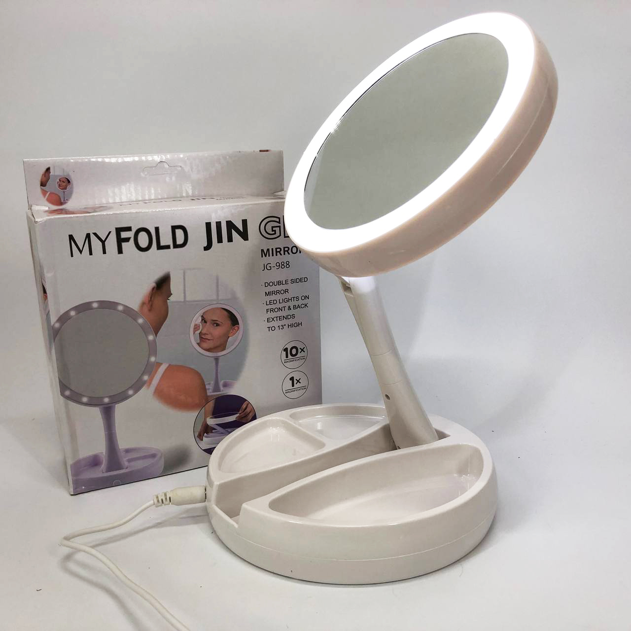 Складне дзеркало для макіяжу з LED підсвічуванням, кругле, збільшувальне 10×, My Fold Away Mirror