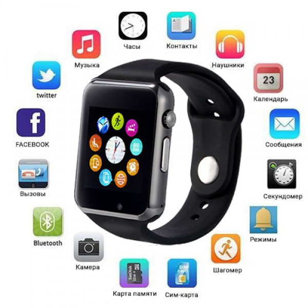 Смарт‑годинник Smart Watch A1 розумний електронний зі слотом під SIM‑карту + карту пам'яті micro‑SD. Колір: чорний