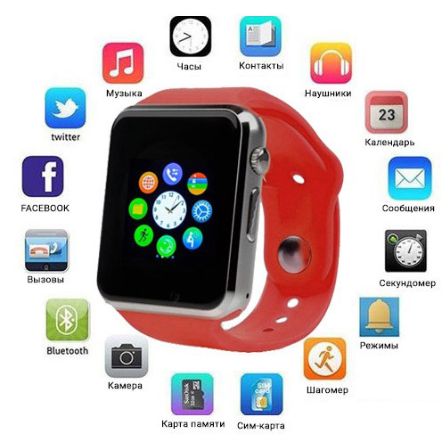 Смарт‑годинник Smart Watch A1 розумний електронний зі слотом під SIM‑карту та карту пам'яті micro‑SD. Колір: червоний