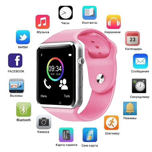 Смарт‑годинник Smart Watch A1 розумний електронний зі слотом під SIM‑карту та карту пам'яті micro‑SD. Колір: рожевий