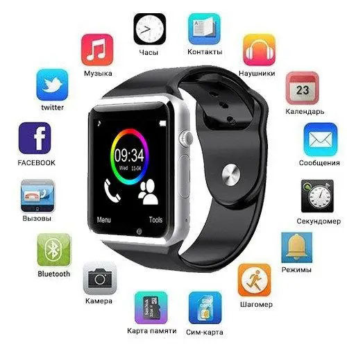 Смарт‑годинник Smart Watch A1 розумний електронний зі слотом під SIM‑карту та карту пам’яті micro‑SD. Колір: срібний