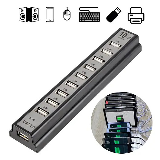 Розгалужувач USB HUB на 10 портів з активною зарядкою 220V, розгалужувач USB, хаб для ноутбука