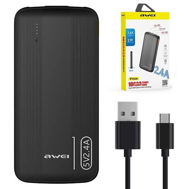 Power Bank Awei P20K 10000 mAh Портативний зарядний УМБ 2×USB, чорний