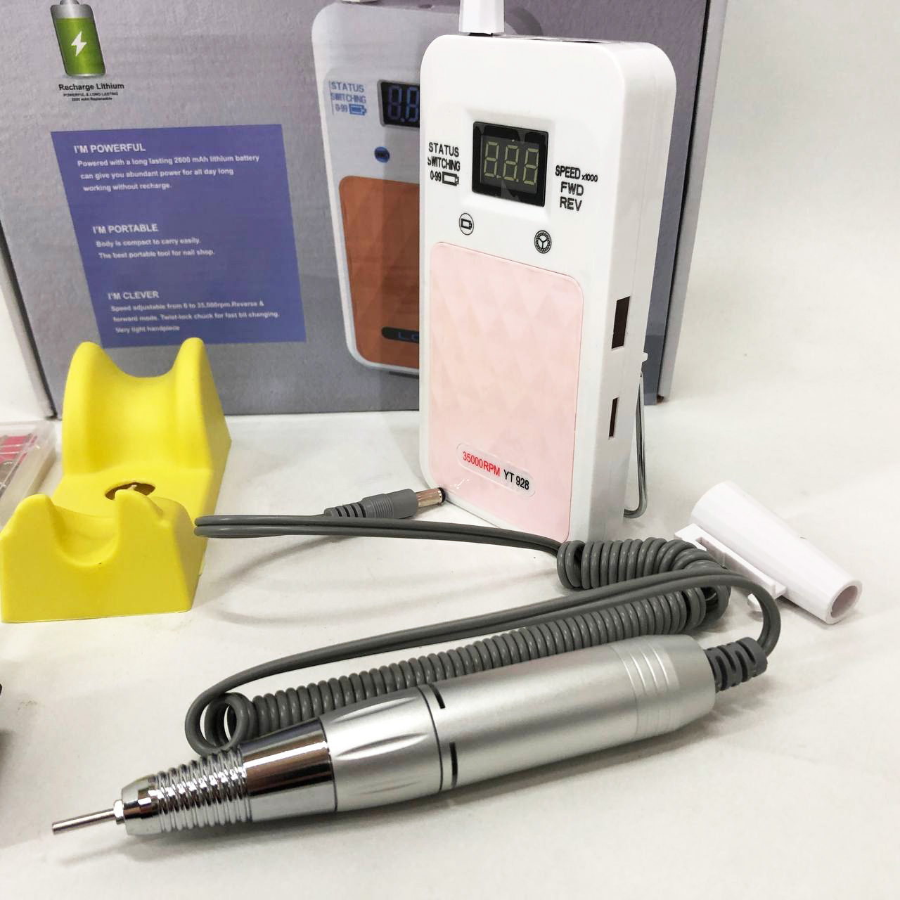 Портативний фрезер для нігтів Nail Drill YT-928 акумуляторний з індикатором заряду на 35 000 оборотів. Колір: білий