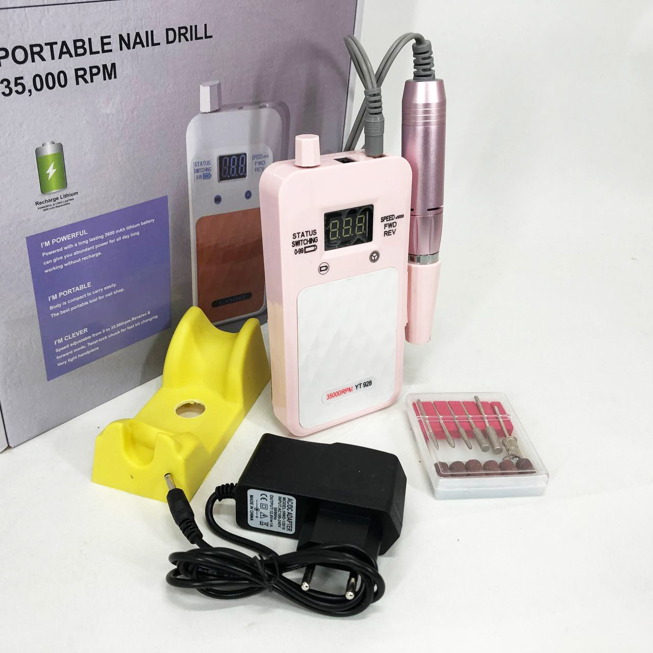 Портативний фрезер для нігтів Nail Drill YT-928 акумуляторний з індикатором заряду на 35 000 обертів. Колір: рожевий