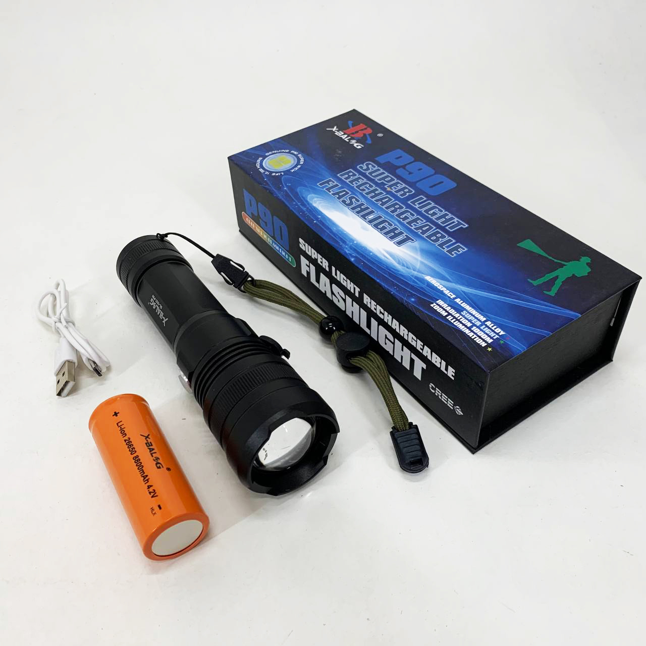 Ручний акумуляторний світлодіодний ліхтар Police X‑Balog BL‑1827‑P90 переносний з USB‑заряджанням, оптичним зумом і металевим корпусом + ремінець на руку